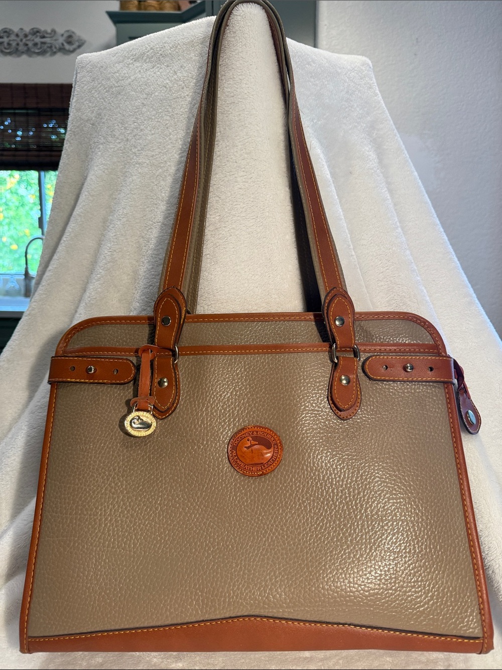 Dooney & Bourke Taupe with Brown Leather Trim Messenger Tote
